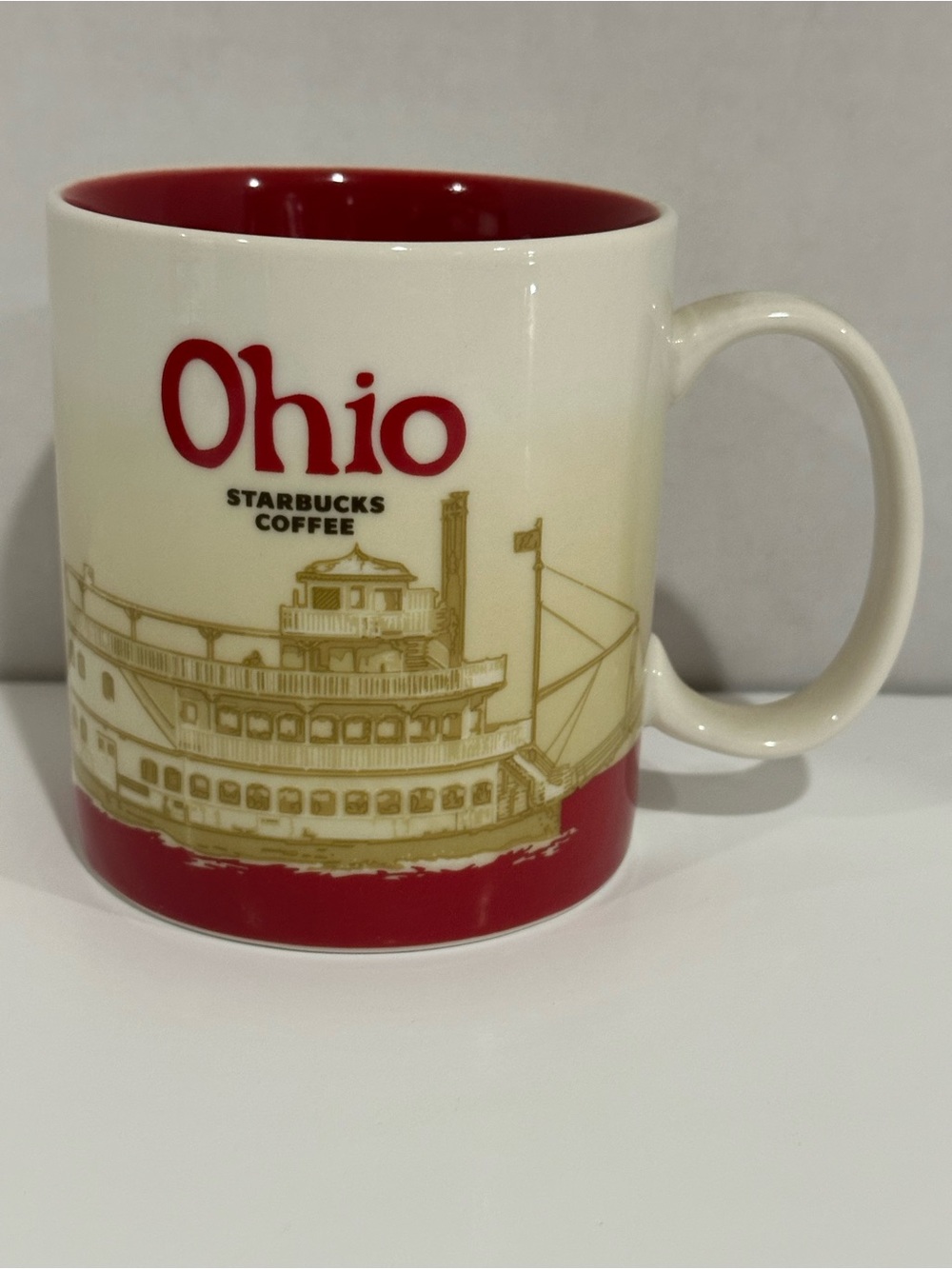 Starbucks Cream and Red Ohio Ceramic Mug with Gold Boat Detail